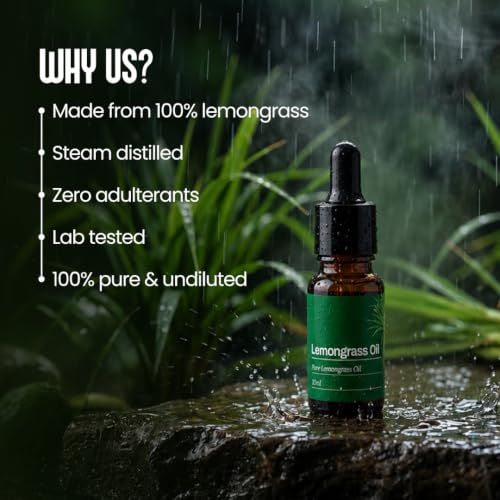 Image of My Pahadi Dukan 10ml Lemongrass Essential Oil, 100% Pure Steam Distilled, Aromatherapy, Skin Care, Stress Relief, Chemical-Free & Undiluted, Natural Antibacterial & Antifungal, Supports Clear Skin & Oil Control