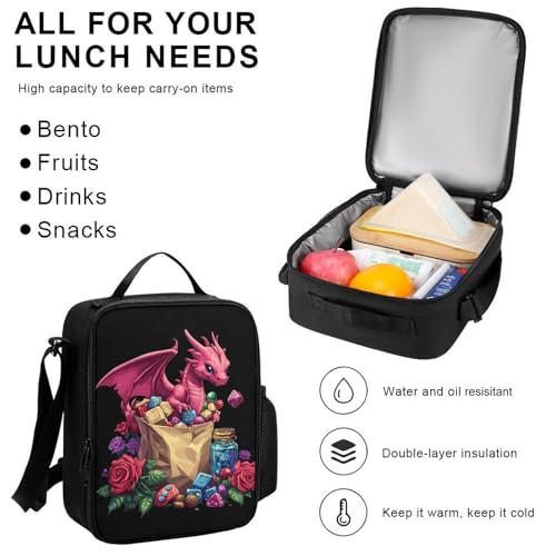 Dragon D And 20 Dice Roses Backpack 3 Set with Lunch Bag Insulated Shoulder Meal Tote Bags Pencil Case Box Casual Daypack 5