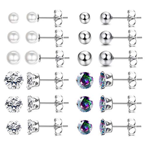 Finrezio 12Pairs Stainless Steel Stud Earrings Set for Women Teen Girls Hypoallergenic Round Faux Pearl Crystal CZ Ball Studs Earrings Pack 3mm-5mm