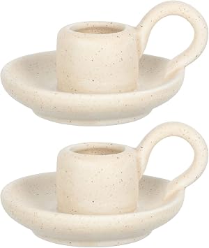 DOITOOL Candle Holder Ceramic Candlestick Holder, 2Pcs Nordic Style Taper Candle Stand Candlelight Stand Holder Decorative Candle Display Holder for Desktop Dining Room Home Decoration Display Beige