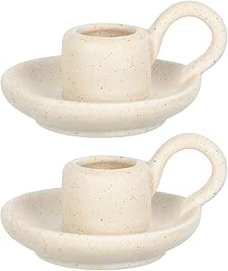 DOITOOL 2Pcs Ceramic Candle Holder Candlestick Holder with Handle, Taper Candle Stand Candlelight Stand Holder Decorative Candle Display Holder for Desktop Dining Room Home Decoration Display (Beige)