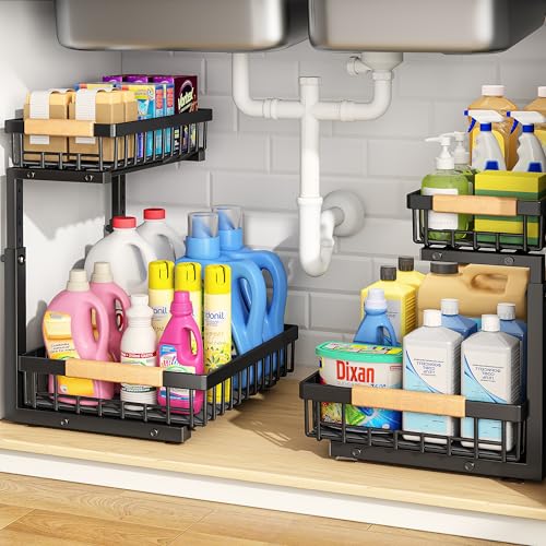 Image of PXRACK Under Sink Organizer, Adjustable Height, 2 Tier Pull Out Under Cabinet Organizer, Slide Out Thickened Metal Under Sink Storage for Kitchen Bathroom Laundry Pantry Cabinet, Black, Small-2-Pack