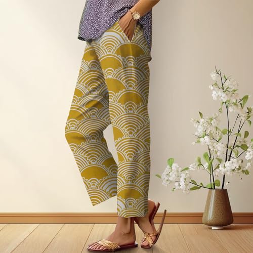 Boho Floral Pants for Women Leaf Print Wave Graphic Casual Pants Straight Leg High Waist Summer Baggy Beach Trousers2
