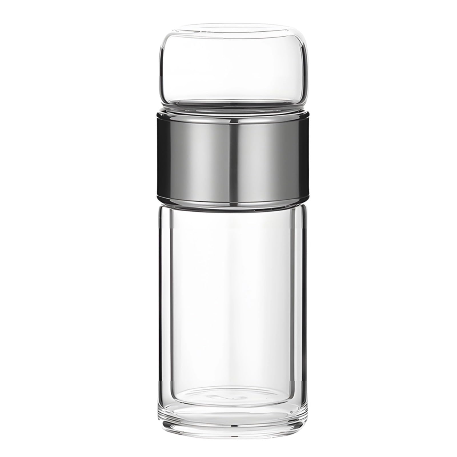 Teeflasche mit Sieb, Doppelwand-Glas-Reisebecher, hitzebeständiger Tee- und Wasserbecher, Glasbecher mit Teesieb für losen Tee, für Zuhause und Büro, silber, 16,9 oz