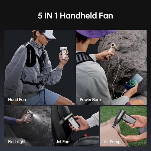 Image of JISULIFE Portable Handheld Fan Ultra2, 9000mAh Max 25 Hrs, 5 in 1, 100 Speed Turbo Fan Rechargeable, Metal Shell Multi-Function Travel Essentials Gifts for Men-Brown
