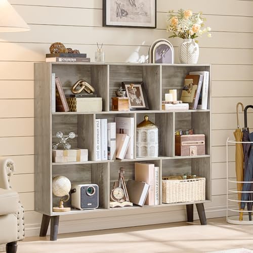 LEYAOYAO 10 Cube Bookshelf,3 Tier Modern Wide Bookcase with Legs,Mid-Century Wood Bookshelves Storage,Retro Grey Large Book Case,Freestanding Organizer Display Shelf for Bedroom,Living Room,Office