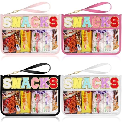 4 Piece Clear Snack Bag for Travel, Chenille Letter Zipper Pouch, Nylon Cosmetic & Makeup Bag, Waterproof Reusable Organizer for Snacks, Toiletries, School, Vacation, Glitter Patch Design