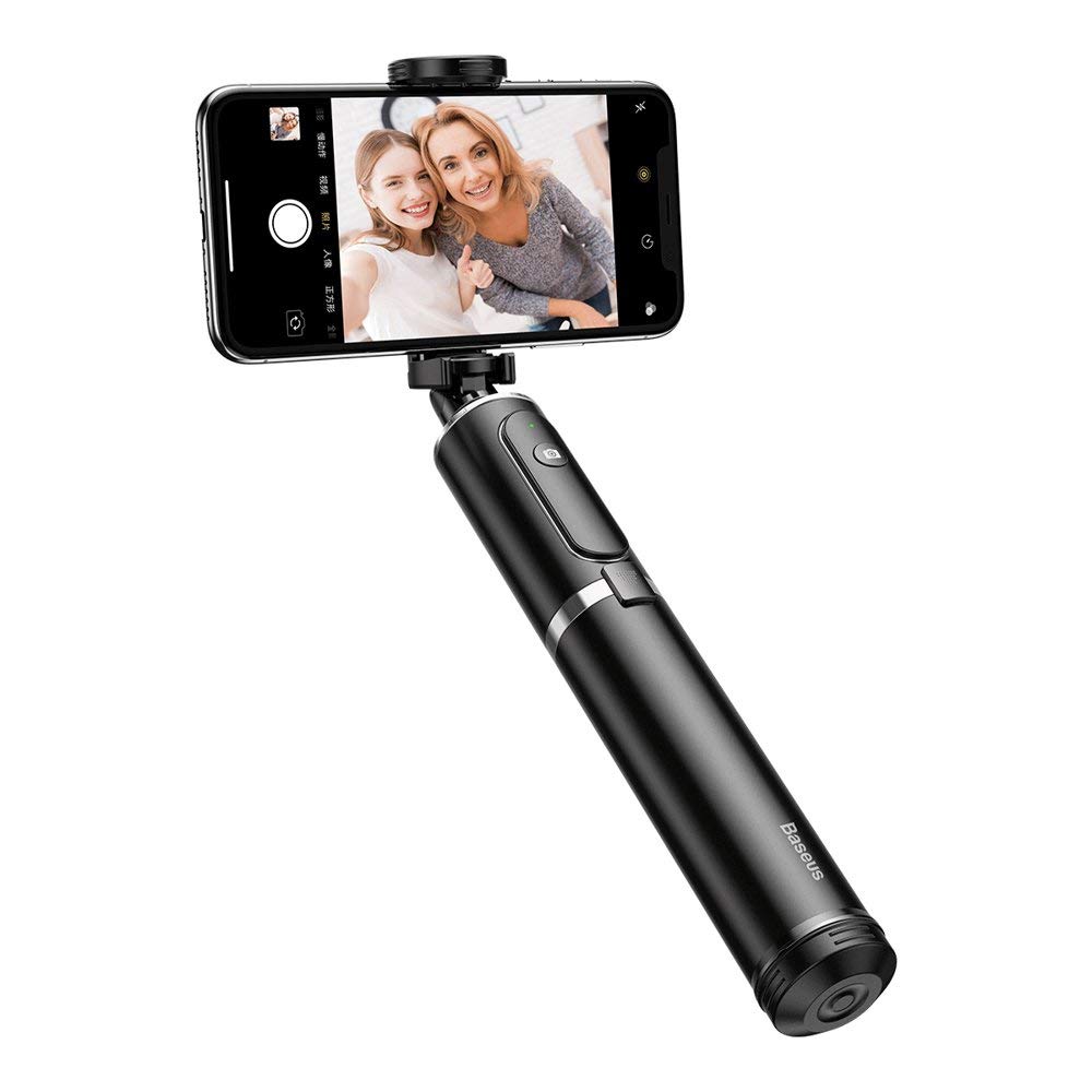 Baseus Bluetooth Selfie Stick extended with a smartphone mounted, showing tripod legs deployed.