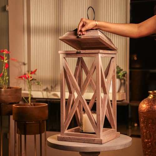 Image of Selena Decorative Wooden Lantern with Glass Panels & Candle | White Wash Acacia Wood Candle Holder | Farmhouse Lantern for Living Room, Patio, Balcony, Wedding & Festive Decor | 24 Inche