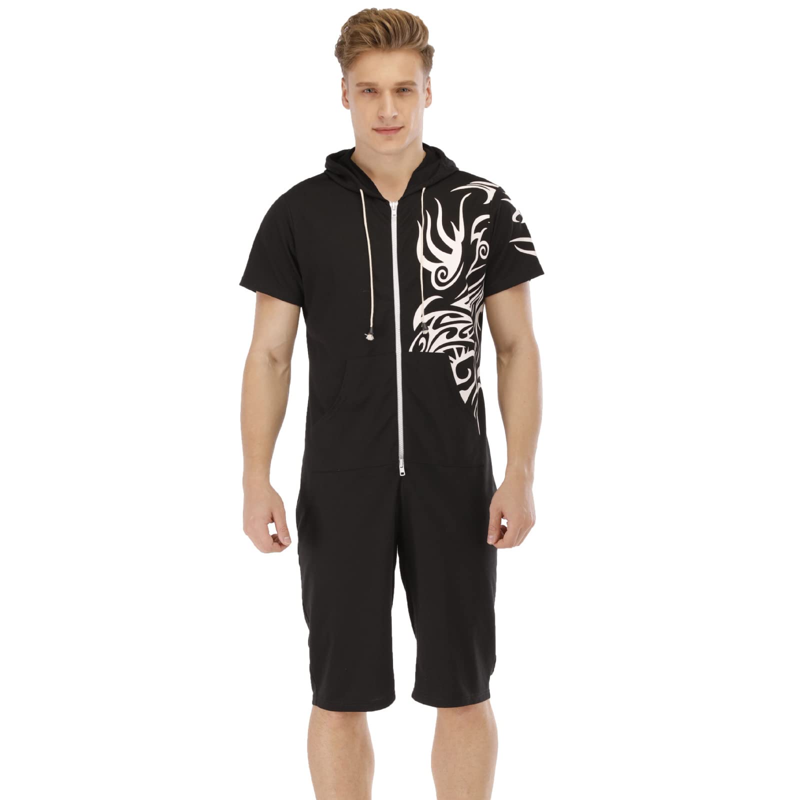 Combinaison Pyjama Court Hommes Grenouillères a Capuche Manches Courtes Short Été Confortable Zippé Adulte Une Piece Homewear Survêtement Onesie
