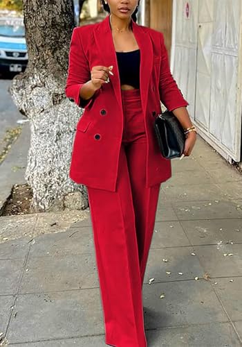 Vakkest Pant Suits for Women Dressy 2 Piece Outfit Business Casual Blazer Jackets and Wide Leg Work Office Slacks Set2