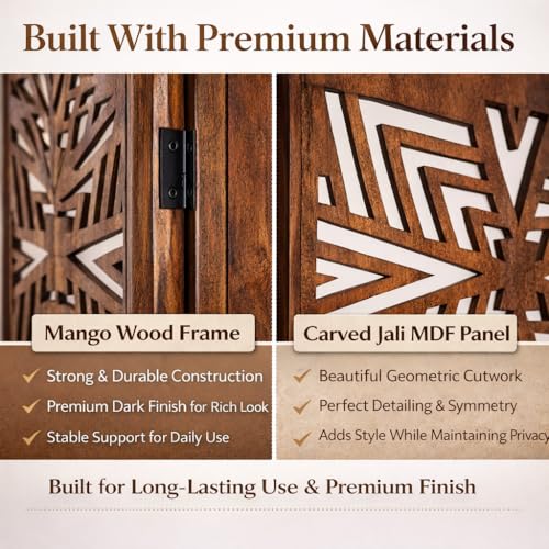Image of Wooden Room Divider 6 Feet, 4-Panel Folding Wooden Partition for Living Room, Office, Pooja Room, Restaurant, Kitchen & Balcony (2W x 1.82H Meters). (Natural Brown-Lattice Pattern)