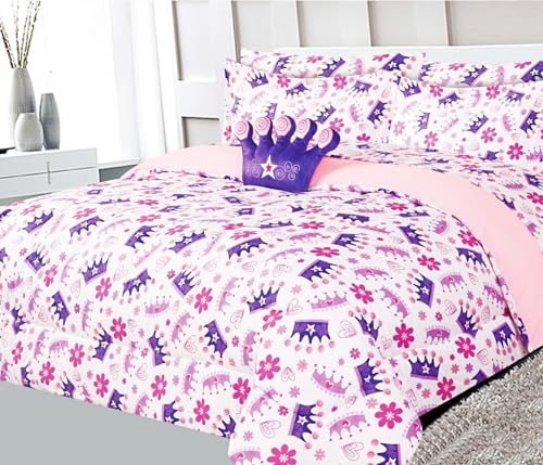 6 Piece Twin Size Toodler Kids Comforter Bed in a Bag Complete Bedding Set Girls Boys Sheets Set Pillow Sham and Decorative Pillowsham (Purple Princess Crown)
