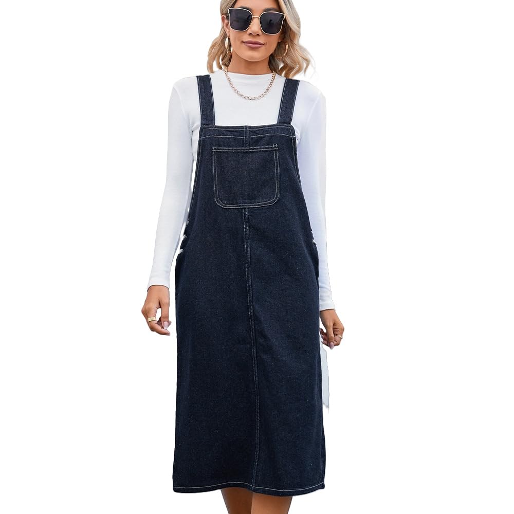INRLEWGB Denim Dungaree Dress Women's Casual Vintage Washed Suspender Long Denim Skirts Dungarees Dress Skirts Pinafore Overalls Dresses Blue XL