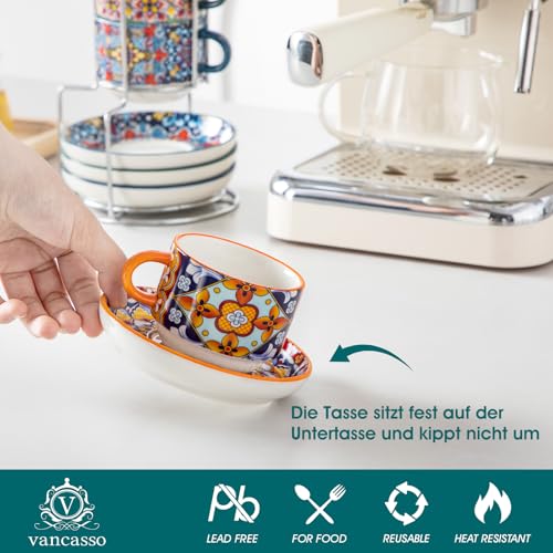 vancasso Espressotassen Set 4er, 150 ml SIMI Kaffeetassen mit Untertassen & Ständer, Stapelbare Dickwandig Espresso Tassen Set aus Keramik… – Ansicht 3