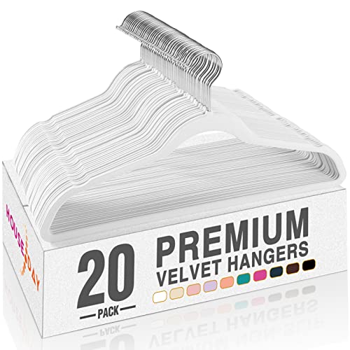 Image of HOUSE DAY White Velvet Hangers 20 Pack, Non Slip Clothes Felt Hanger Heavy Duty for Coat, Premium Slim Space Saving Suit Hangers for Closet Organizer, 360 Rotating Silver Hook