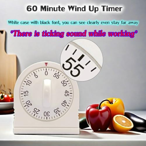 60 Minute Wind Up Timer, Visual Mechanical Timer with Loud Alarm, Manual Countdown Timers for Classroom, Home, Study and Cooking (White) - Image 2