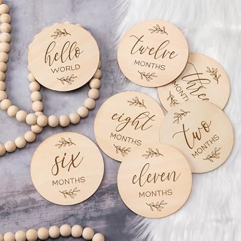 Baby Monthly Milestone Cards Sign - 7 Cute Double Sided Wooden Circles Discs Newborn Memento Milestone to Document Baby's Growth, Pregnancy Journey Sign Baby Boy and Girl Gifts Set Cover