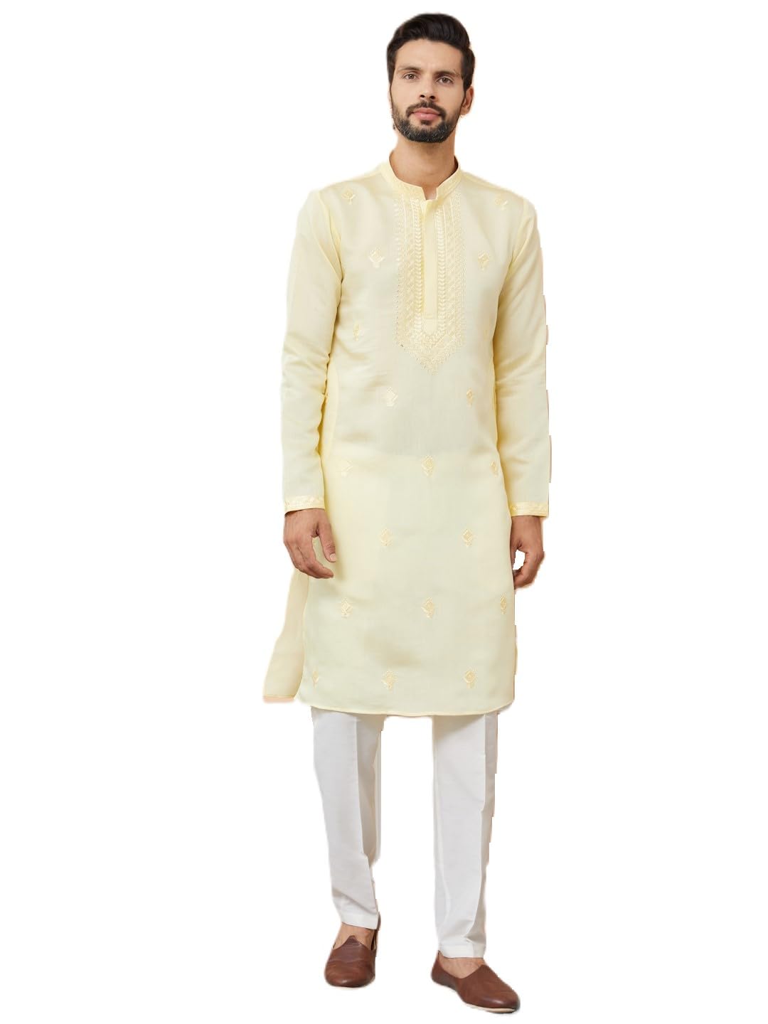 see designs Men's Long Sleeve Mandarin Collar Side Slit Off-White Embroidered Chanderi Silk Straight Kurta with Pyjama-picture-24