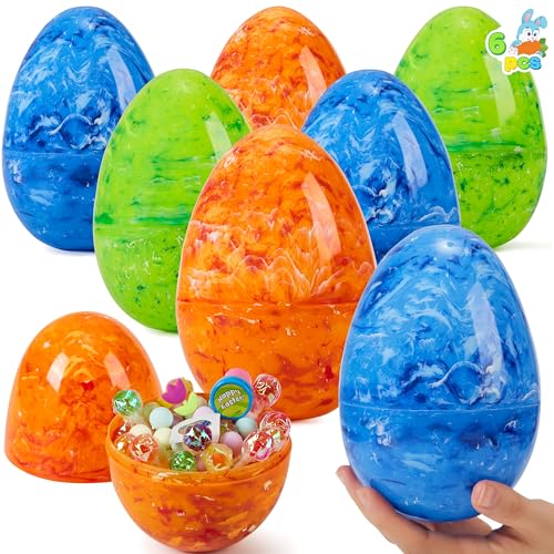 JOYIN 6 Pcs Large Marble Easter Eggs, 6 Inches Jumbo Plastic Eggs Fillable for Easter Themed Hunt Basket Stuffers Fillers Filling Treats Party Favor Classroom Prize Supplies