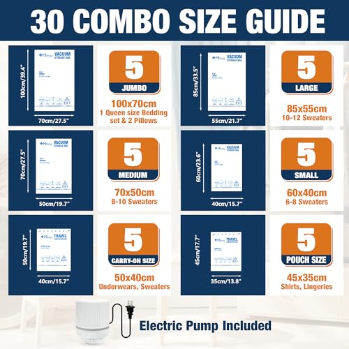 Image of HIBAG Vacuum Storage Bags with Electric Pump, Vacuum Seal Bags for Clothing, Pillows, Blanket Bedding Comforters, 30 pack