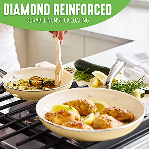GreenLife Artisan Healthy Ceramic Nonstick, 8" and 10" Frying Pan Skillet Set, Stainless Steel Handle, PFAS-Free, Dishwasher Safe, Oven Safe, Yellow - Image 3