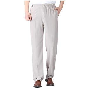 Mens Dress Pants Loose Elastic Waist Straight Leg Suit Pant Classic Flat Front Business Casual Non-Iron Work Trouser