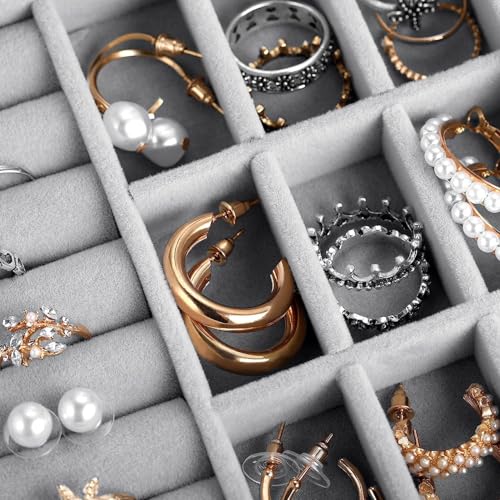 Image of BucketList Women's Velvet Glass Ring Earrings Jewelry Box - Display Storage Showcase Holder Organizer (Small 9 Grid 9 Rows-Grey)
