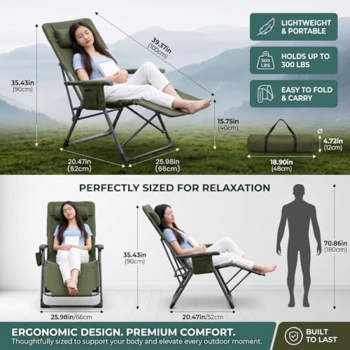 Image of Folding Reclining Lounge Chair with Adjustable Backrest, Metal Frame & Fabric Seat | Portable Outdoor Camping Chair with Carry Bag for Patio, Garden & Travel