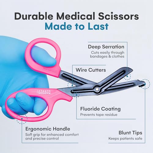 Image of Madison Supply 2 Pack Trauma Shears - 7.5 Inch Nurse Scissors with Quality Stainless Steel, Non-Stick Fluoride-Coated Blades, High-Impact Handles - Medical Bandage Scissors - Pink