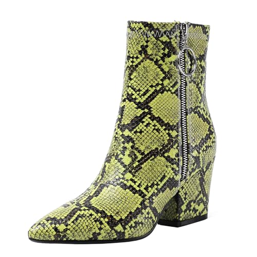 SHEMEE Women's Snakeskin Chunky High Heels Booties Pointed Toe Block Heel Snake Print Side Zipper Ankle Boots Fashion Dress Shoes