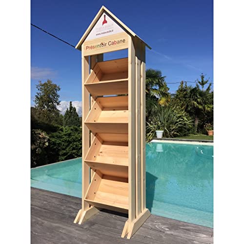Présentoir Bois Cabane – Presentoir Magasin avec 4 Caisses Elite en Pin Massif & Panneau Personnalisé [ Etagere echelle Bois ]