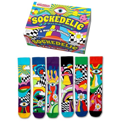 United Oddsocks Sockedelic Gift Box 6 Way-Out Odd Socks for Men UK 611 EUR 3946 US 712 Colourful Mix & Match Novelty Socks with Psychedelic Patterns Fun Funky Gift for Men Who Love Style