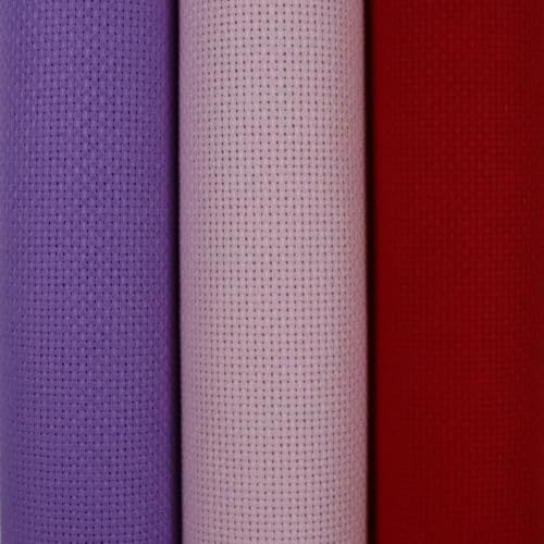 Image of KCS 3 pc of 15 inch x 18 inch(38cmx45cm) Counted Cross Stitch Cotton Aida Cloth Needlework Rolled Fabric Box,14CT,Lavender+Pink+Red