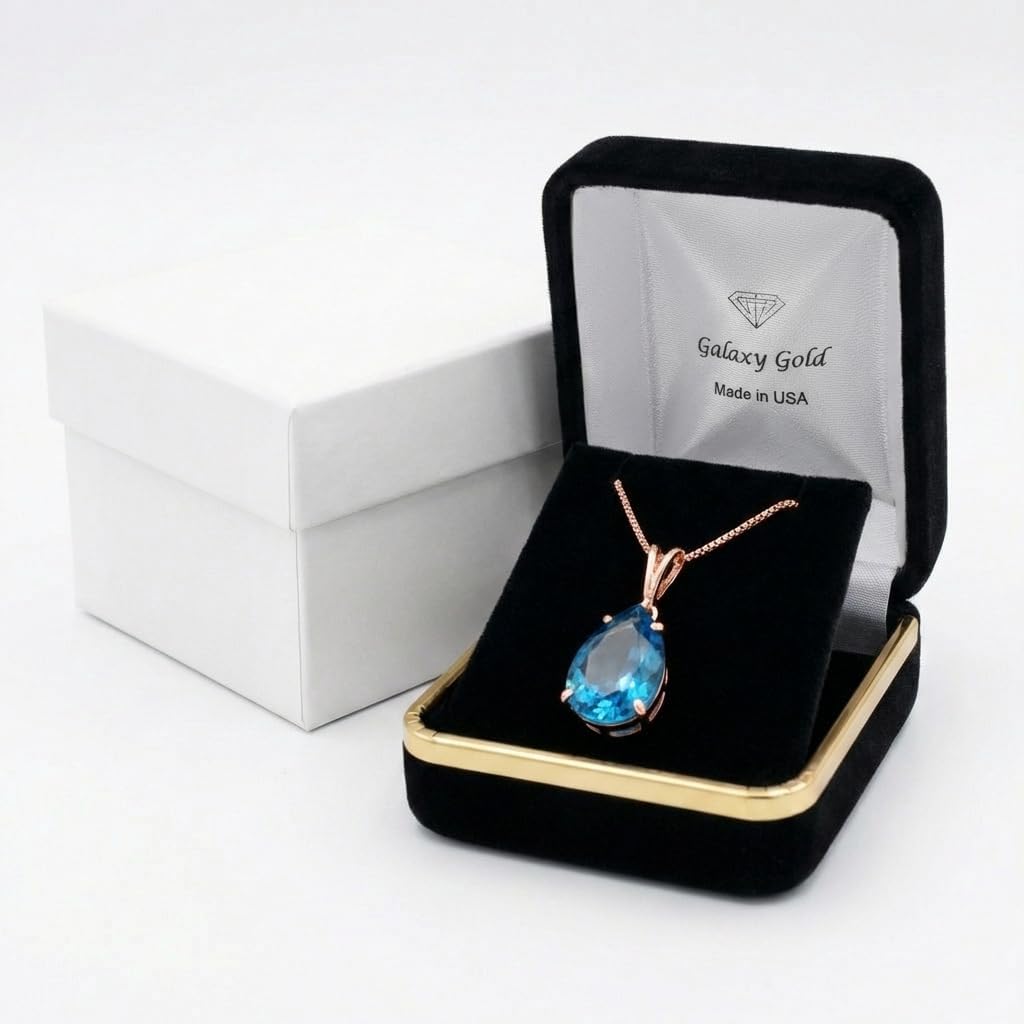 Galaxy Gold GG 14K Solid Gold, Natural Blue Topaz Pendant Necklace - 6.50 Carat December Birthstone, Stone of Communication & Calm, 14-24 Inch, Fine Jewelry for Women
