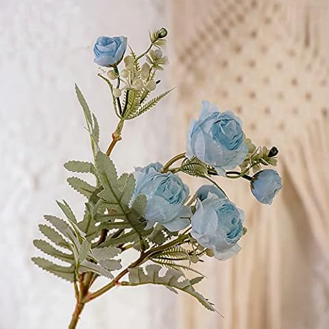 Youshe 5 Bunches Ranunculus Artificial Flowers, 22.2in / 56.3cm Long Stem Fake Persian Buttercup Silk Rose Flowers for Home Wedding Decoration Table Centerpieces Floral Arrangements (Blue) Cover