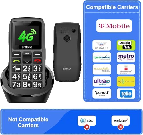 Image of artfone C1+4G Cell Phone for Seniors, Large Buttons Basic Phone, SOS Button, Charging Dock, Voice Time, Speed Dial, Hands-Free, Large Font, Loud Speaker, FM Radio, Simple Mobile Phone, 1800mAh, Black