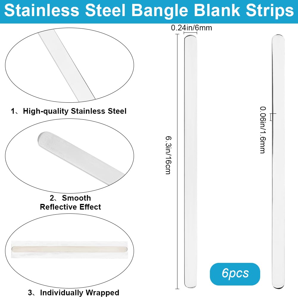 Beebeecraft 6Pcs 304 Stainless Steel Bangle Blank Strips Cuff Bangle Bracelets Making Findings with Metal Stamping & Engraving Blanks for DIY Jewelry Making - Image 2