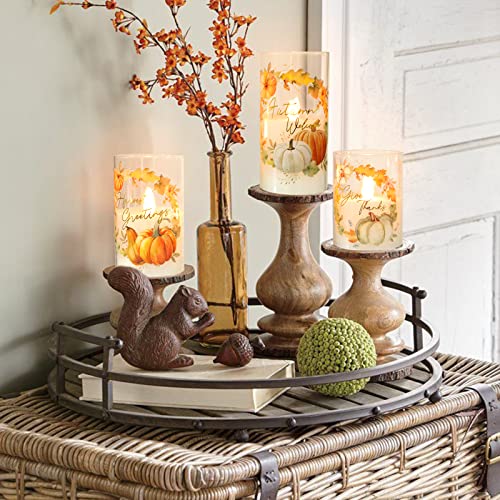 Image of Glass Flameless Candles Flickering Battery Operated with Remote Pumpkin Theme Farm House Realistic Pillar Candle for Fall Decor Havest Celebration Home Party, Set of 3