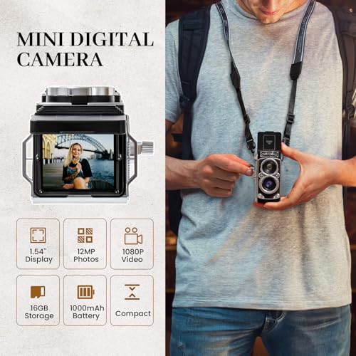 Image of CHUZHAO Classic Mini Digital Camera, Portable TLR Point and Shoot Camera with 1080P Video, 12MP Photos, 16GB Card, 1000mAh Battery and Dual Filters, Ideal for Travelers, Lovers