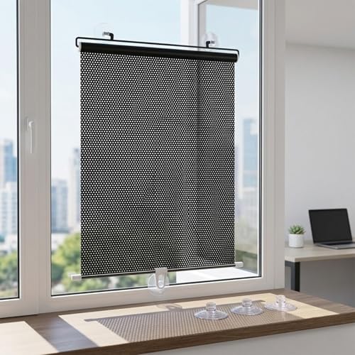 Estor Enrollable Sin Taladrar, Cortina Opaca con Ventosas, Estor Enrollable Retráctil, Parasol Temporal Térmico Anti-UV para Ventanas de Cristal, Oficina, Coche(Blacks,55W x 155 cm H)