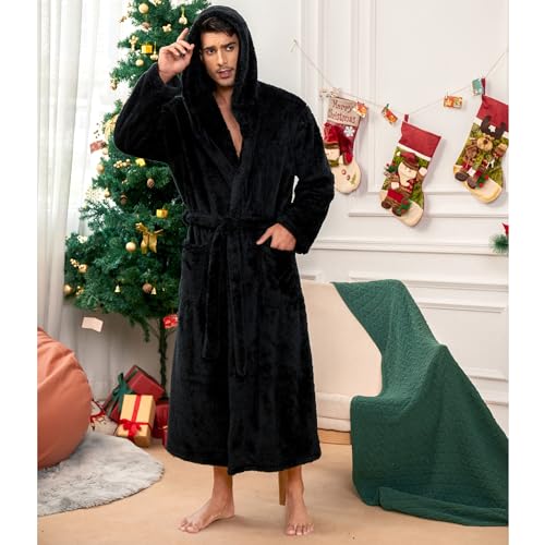 Vulcanodon Mens Robe Big and Tall with Hood, Full Length Plush Robe for Men Long Fleece Bathrobe2