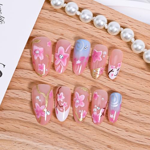 30Pcs Summer Almond Press on Nails with Cherry Blossom Pearl Rhinestones Gold French Tips Reusable Fake Nails for Wedding Party, Flowers Nail Art Set, DIY Long Pink Acrylic False Nails for Daily Wear - Image 3
