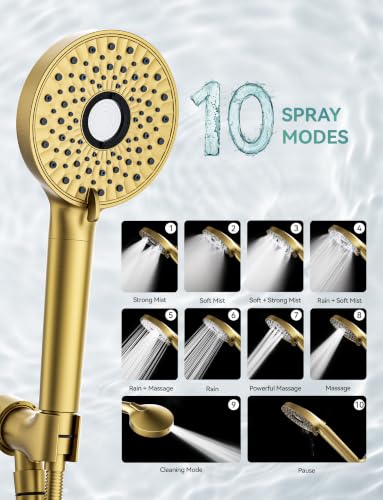 Image of Magichome Shower Head with Handheld, High Pressure 10-Spray Detachable Chrome Showerhead with Stainless Steel Hose,Brushed Gold