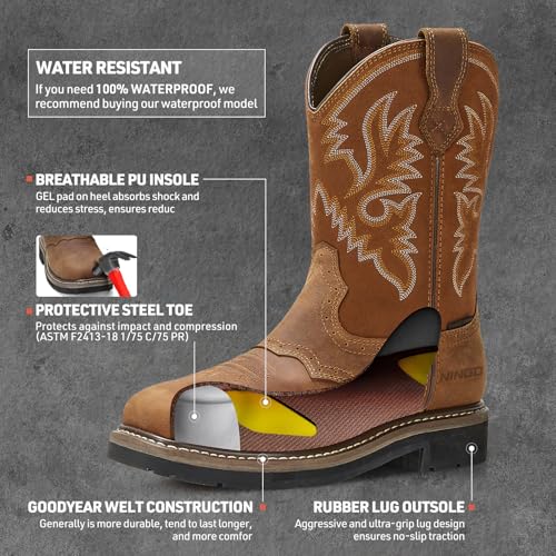 HISEA NINGO Steel/Soft Toe Cowboy Work Boots for Men, Waterproof Slip on Square Toe Western Boots, Comfortable Pull on Safety Work Shoes for Construction Industrial Working Welding Riding, Brown3