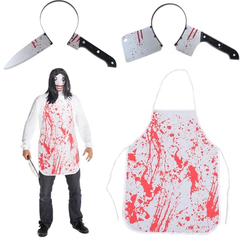 LYNBLY Disfraz de Carnicero de Halloween, Sangriento Carnicero Halloweens Disfraces, Diadema con Cuchillo y Delantal Sangriento, Delantal Hallo-ween para Halloween, Cosplay, Carnaval