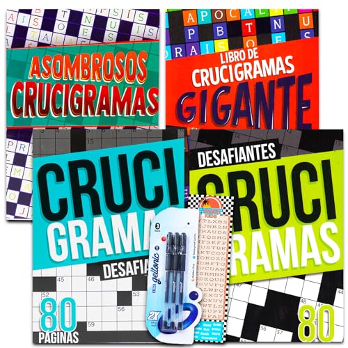 Crucigramas En Español para Adultos - Set of 4 Spanish Crossword Puzzle Books for Adults Seniors with Pens and Bookmark Bundle (320 Puzzles Total)