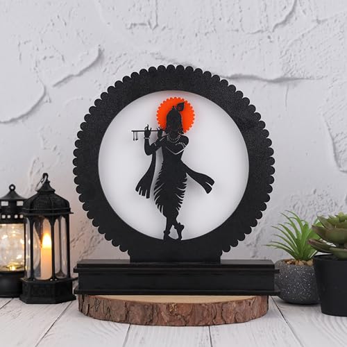 Image of Divine Krishna LED Backlit Lamp 8.25 inch MDF Wood & Acrylic Night Light with Power Adapter Spiritual Home Decor for Wall, Table, Gift Soothing Illumination for Peace & Harmony, Black