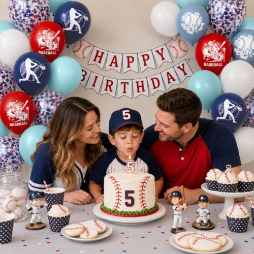 Image of Baseball Balloons for Birthday Party Decor, 12 inch Navy Blue Red White Balloon | Dusty Light Blue Red Baseball Print and Confetti Balloons for Boys Baseball Birthday Baby Shower Sport Team Party Decorations