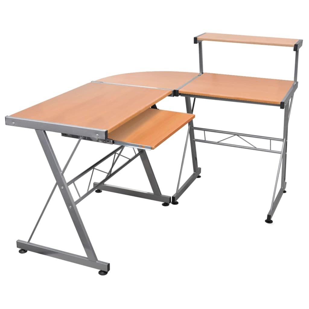 Bureau d'ordinateur d'angle marron bois avec grand plateau clavier et rangements